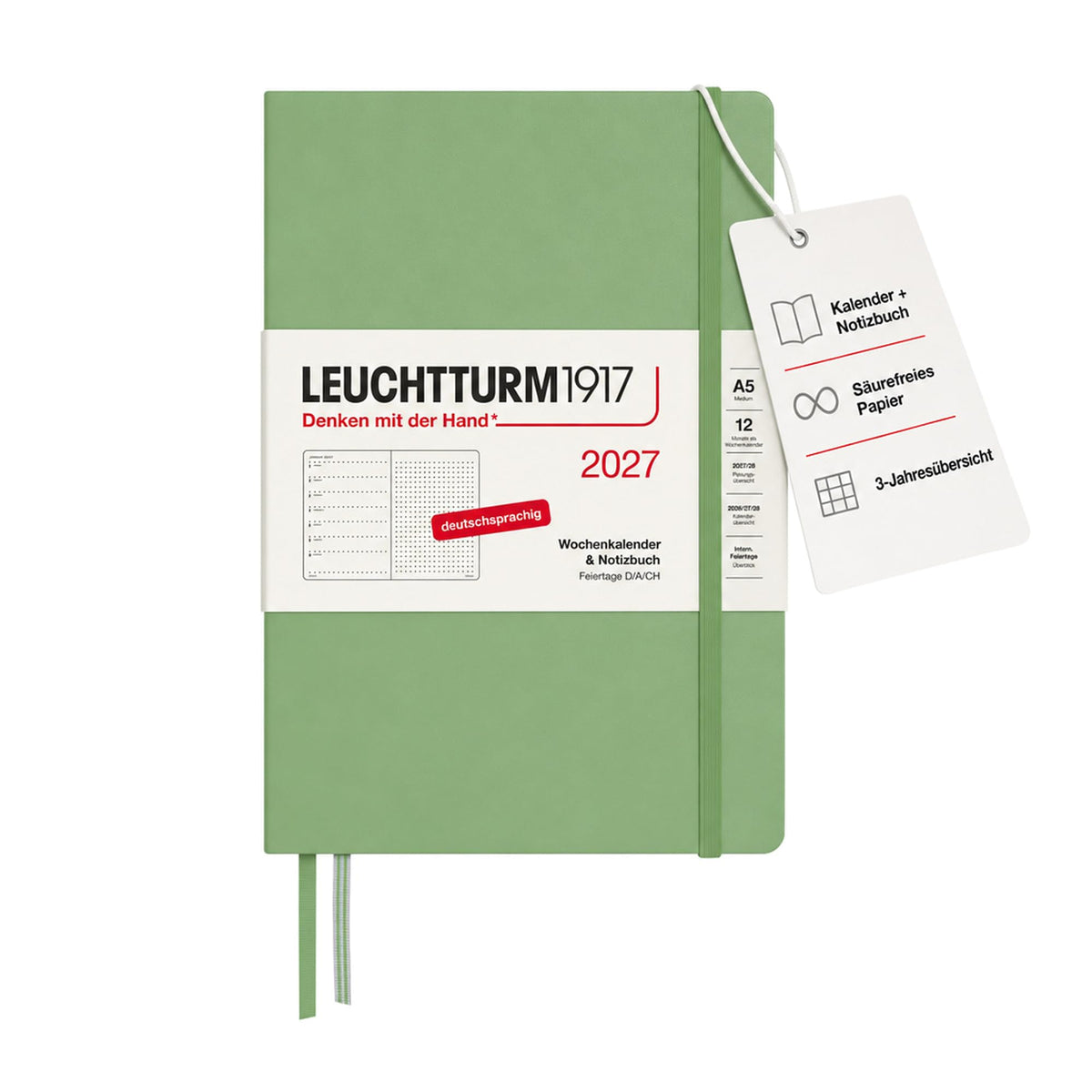 LEUCHTTURM1917 Calendar săptămânal 2027 punctat mediu (A5) cu caiet - Planificator de întâlniri germană, salvie, ianuarie-decembrie 2027, prezentare generală săptămânală în stânga + pagină cu note în dreapta - 400094