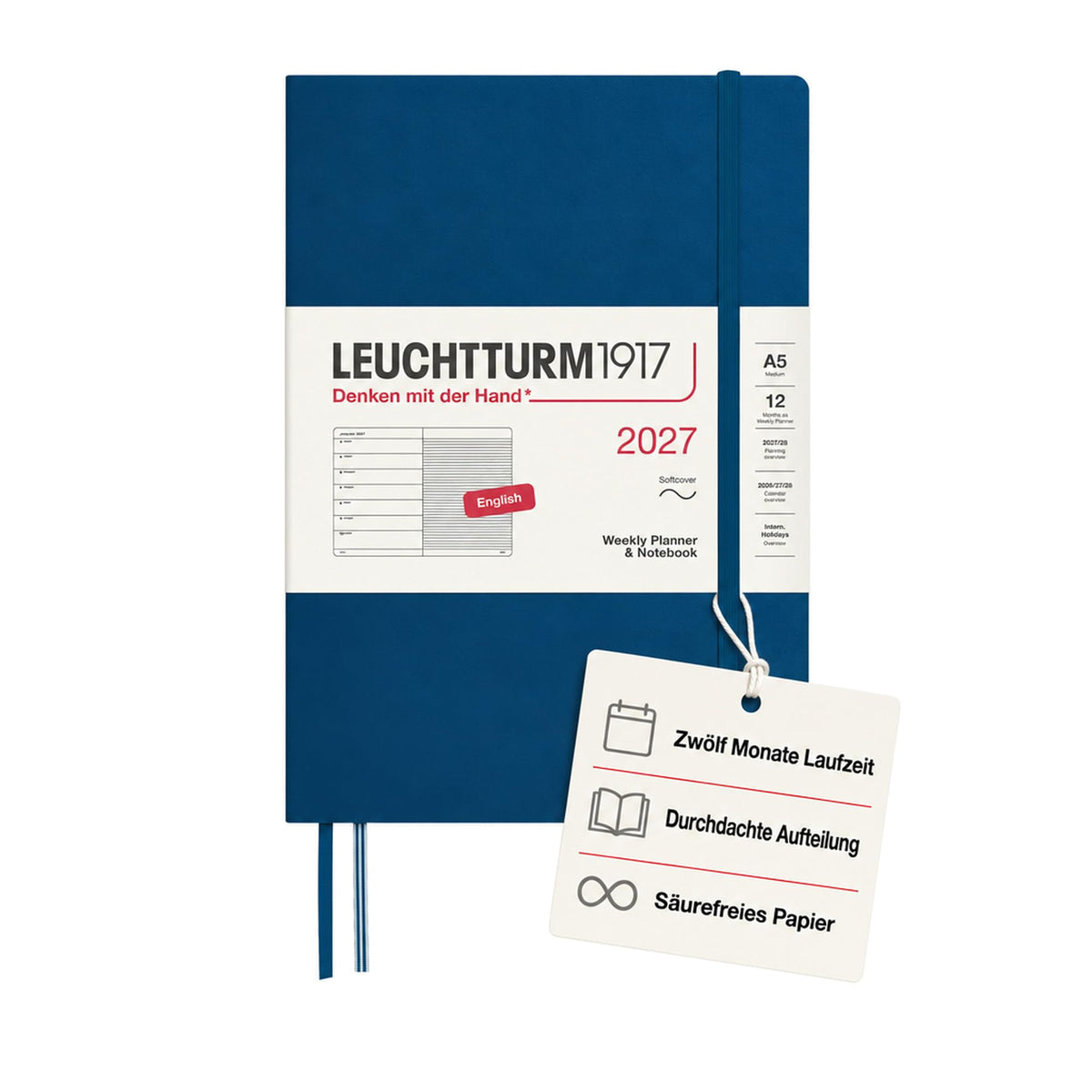 LEUCHTTURM1917 weekly calendar 2027 medium (A5) with notebook, lined - appointment planner English, indigo, soft cover, 145 x 210 mm, January-December 2027, weekly overview on the left + note page on the right - 400241