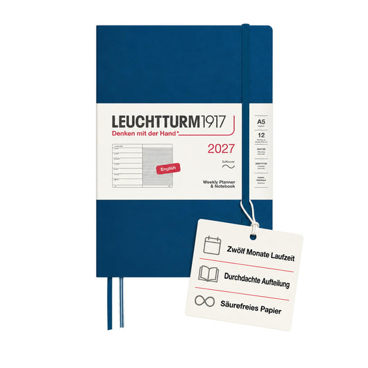 LEUCHTTURM1917 weekly calendar 2027 medium (A5) with notebook, lined - appointment planner English, indigo, soft cover, 145 x 210 mm, January-December 2027, weekly overview on the left + note page on the right - 400241