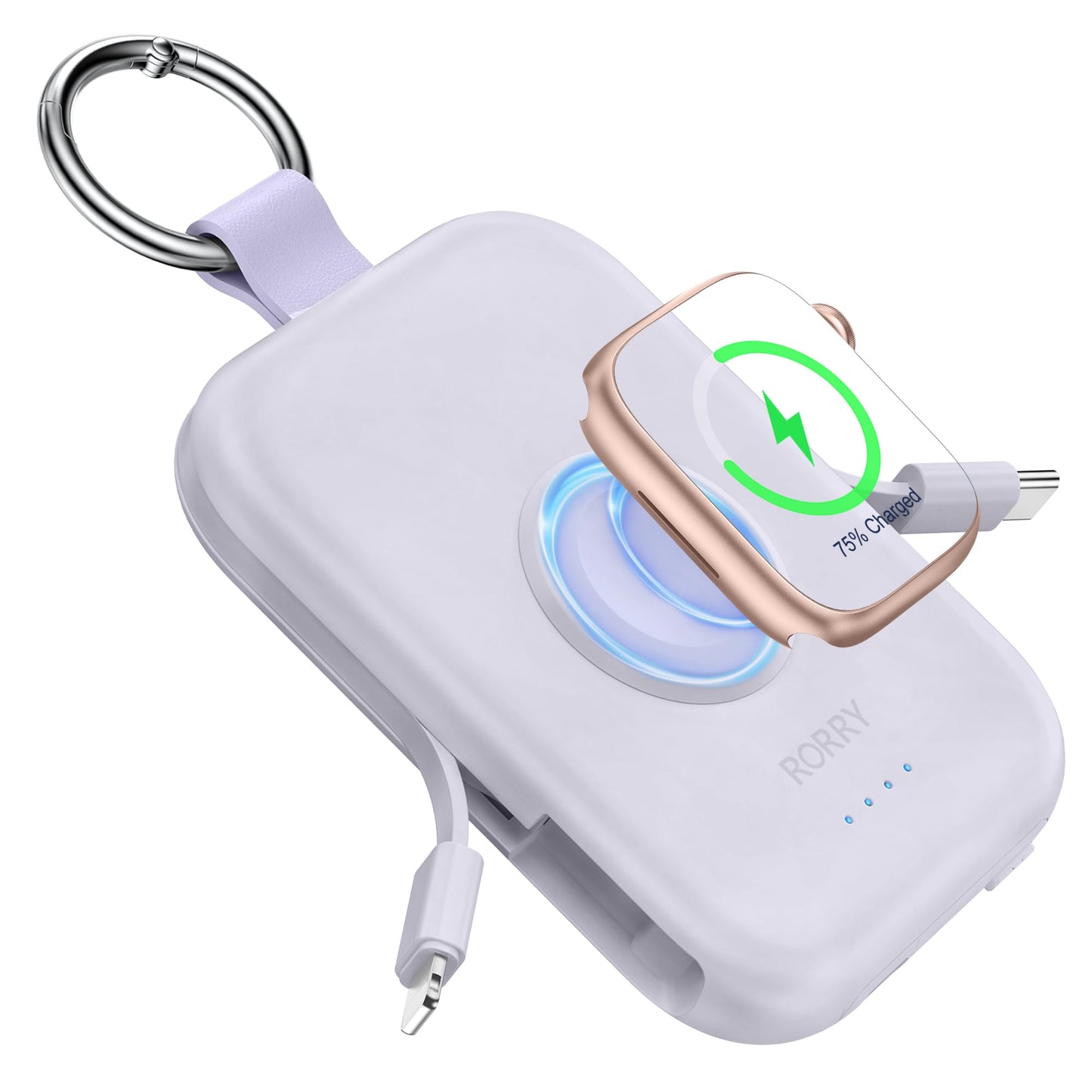 RORRY Power Bank, 5000mAh Power Bank with Integrated Cable, Travel Portable Charger Key Ring External Mobile Phone Batteries for iPhone 17/16/15/14/13/12, Apple Watch Ultra/11/10/9/8/7/6/SE, Purple - D2