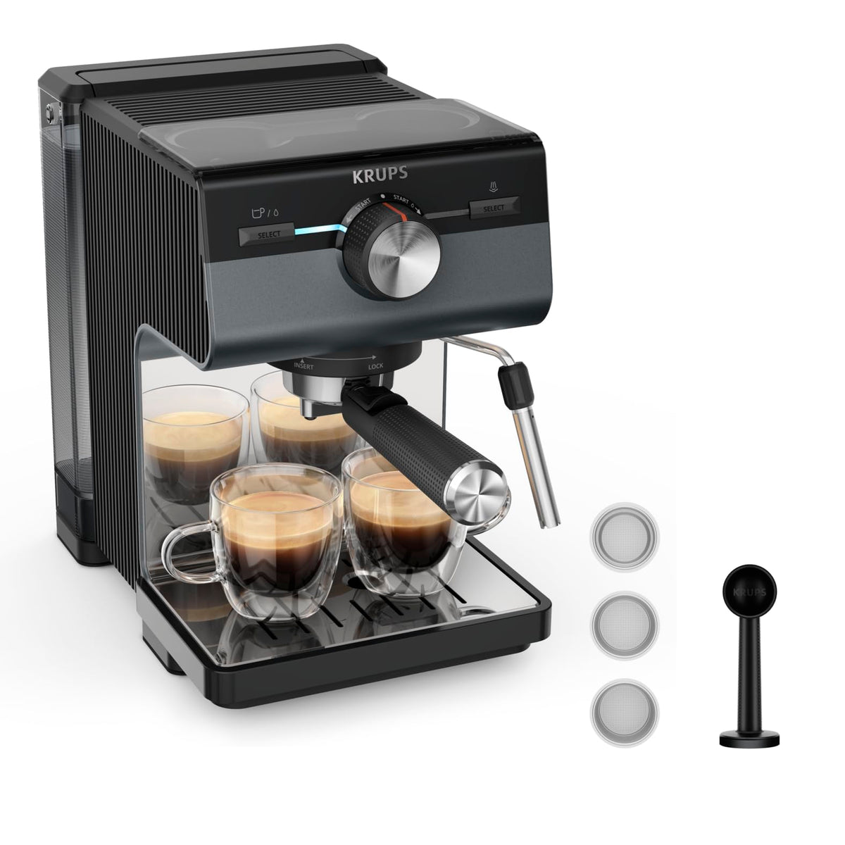 Krups Authentic+ Espresso Machine, 15 bar, intuitive operation, refined design, steam nozzle, including extensive accessories, Bullet Dark Silver/Stainless Steel, XP384G10