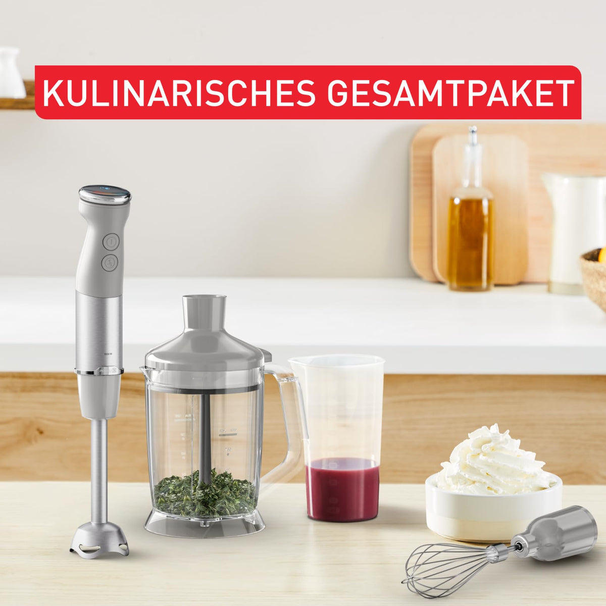 Tefal Quickchef+ 3-in-1 XL Blender/Micser/Spumier, 1000 W, control intuitiv al vitezei, buton Turbo, tehnologie cu cuțit Powelix, oțel inoxidabil, gri, HB67MB30