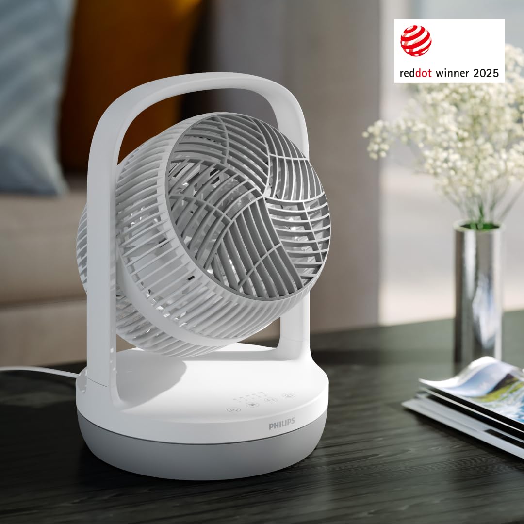 PHILIPS table fan series 2000. Strong & super quiet with SilentWings technology. 23dB. Air circulation. Tilt 180° adjustable. 12 hour timer. Bedroom, Home & Office. White (CX2050/00)