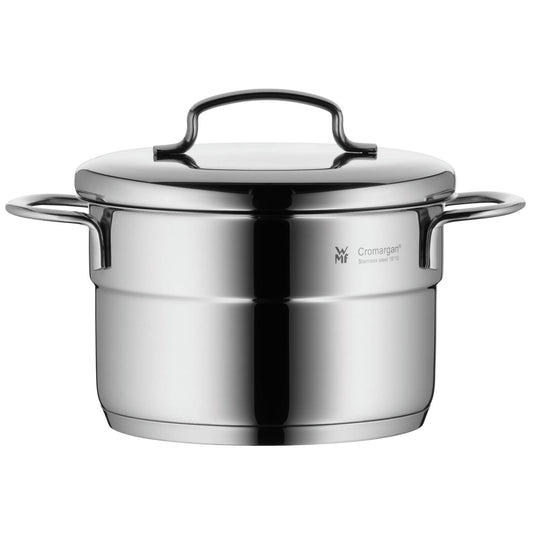 WMF oală de gătit mică de 14 cm, capac metalic, oală pentru carne compatibilă cu inducția 1,3l, oțel inoxidabil Cromargan, stivuibilă, pentru porții mici, pentru o singură persoană - 0714776040