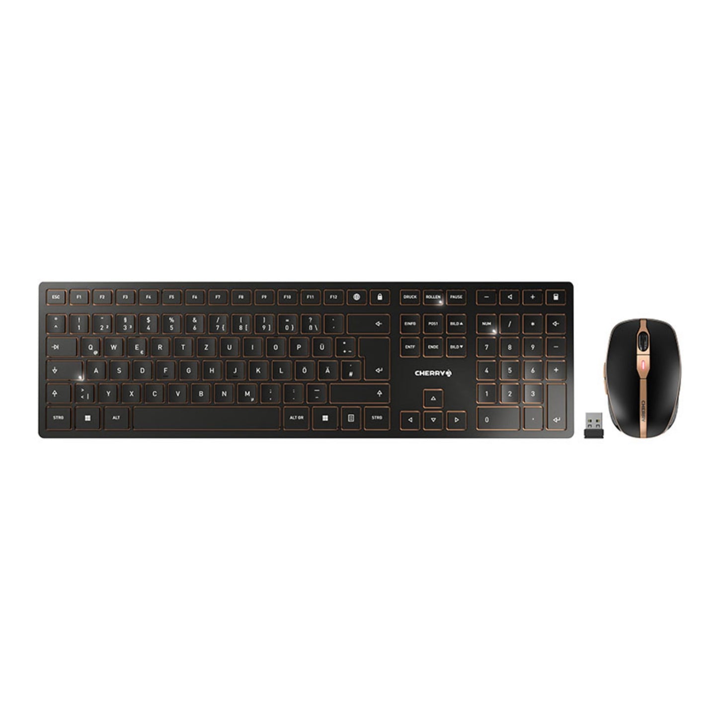 CHERRY DW 9100 Slim, wireless keyboard and mouse set, German layout (QWERTZ), Bluetooth & 2.4 GHz radio, quiet keys, rechargeable, black-bronze - JD-9100DE-2