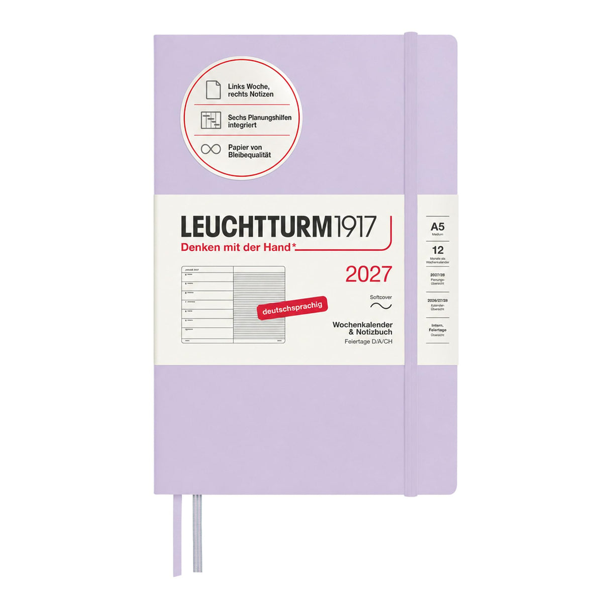 LEUCHTTURM1917 Calendar săptămânal 2027 mediu (A5) cu carnet - Jurnal german, liliac, copertă moale, ianuarie-decembrie 2027, prezentare generală săptămânală în stânga + pagină cu note în dreapta - 400065