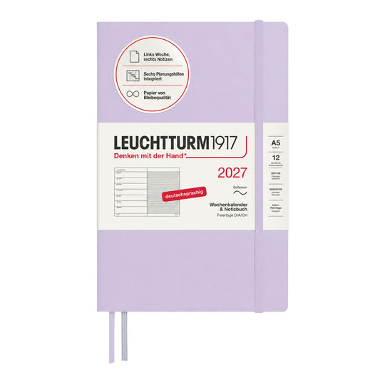 LEUCHTTURM1917 Weekly Calendar 2027 Medium (A5) with Notebook - German Diary, Lilac, Softcover, January-December 2027, Weekly Overview on the Left + Notes Page on the Right - 400065