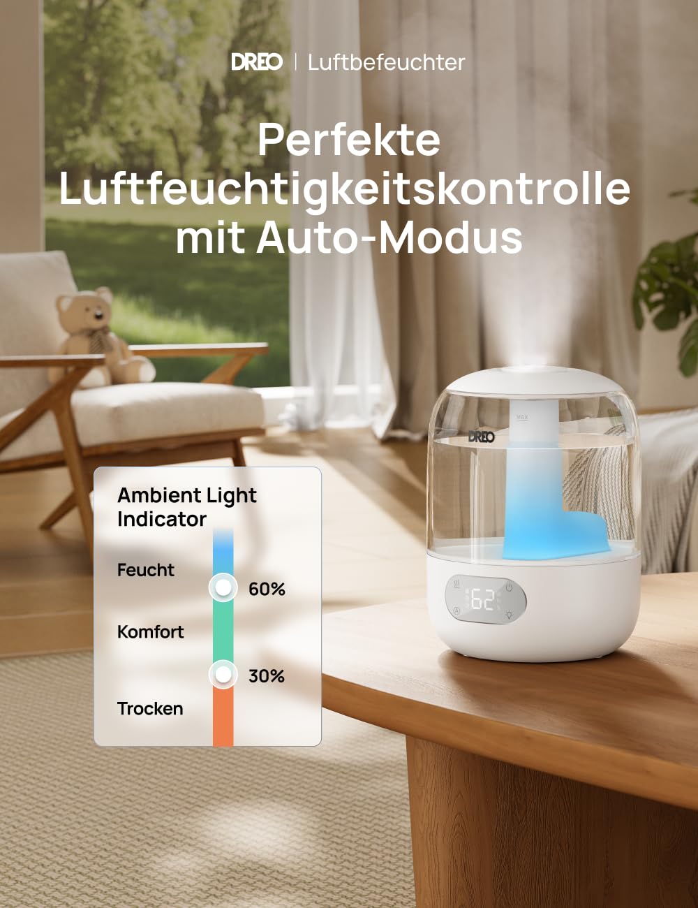 DREO Humidifier for Bedroom, Cool Mist Humidifier for Home and Large Room, Quiet Humidifier for Baby, Night Light, Essential Diffuser, Fast Ultrasonic Humidifier - DR-HHM006