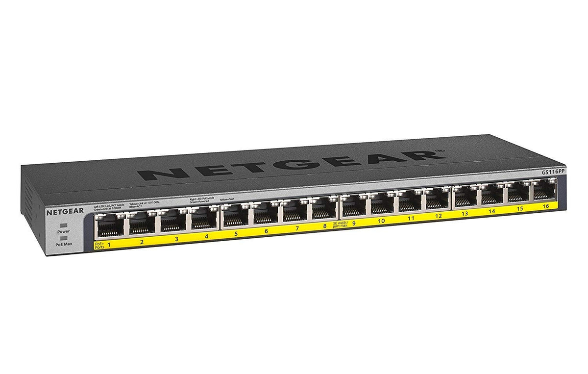 NETGEAR GS116PP Switch PoE 16 Port Gigabit Ethernet LAN cu 16x PoE+ 183W (Switch de rețea Plug-and-Play PoE 16 porturi, fără ventilator, montare în rack de 19 inci, garanție pe viață ProSAFE) - GS116PP-100EUS