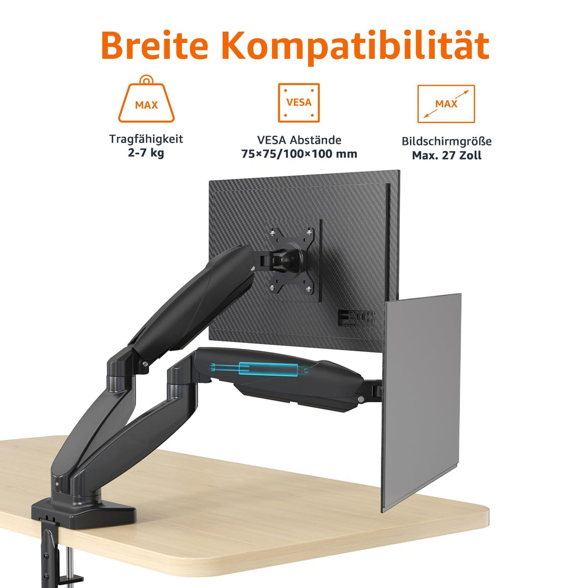 Amazon Basics Braț dublu pentru monitor cu arc pneumatic, montare pe birou, tensiune ajustabilă, pentru monitoare de 15–27 inch (38,1cm–68,6cm), suportă 2,0kg–7,0kg pe braț, VESA 75x75/100x100, negru - DS-MADDBE