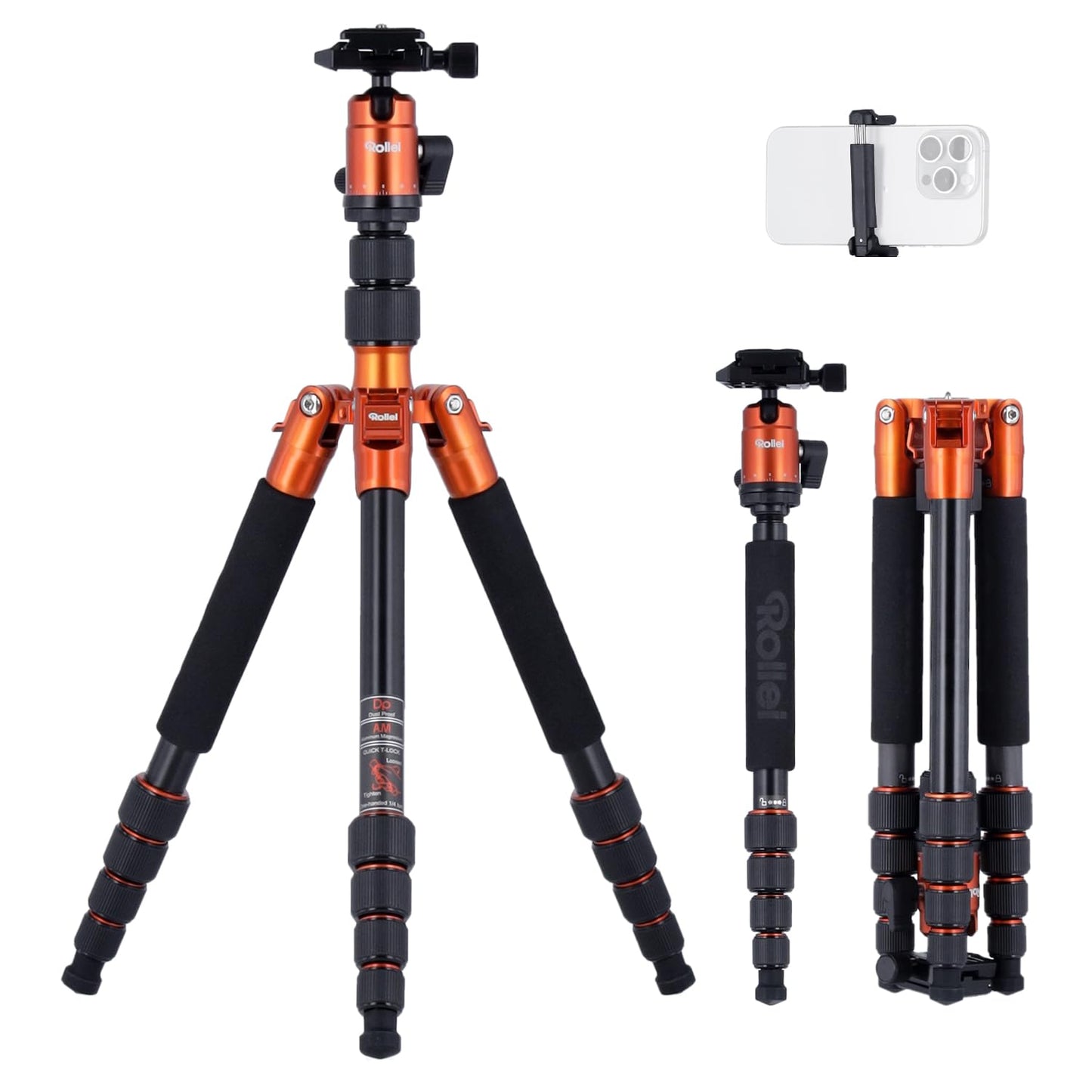 Rollei Compact Traveler No.1 Orange, 145cm Tripod Camera with Ball Head Lightweight Travel Tripod Made of Aluminum Photo Tripod Compact Arca Swiss Compatible Camera Tripod & Monopod for DSLR and Smartphone - 20934