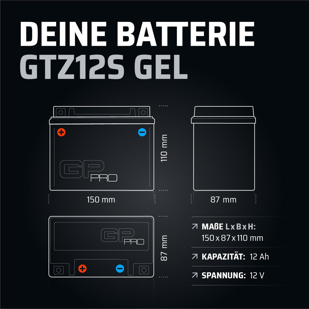 GP-PRO gel battery GTZ12S 12V 12Ah 210A compatible with Honda SH 300i - GP-007