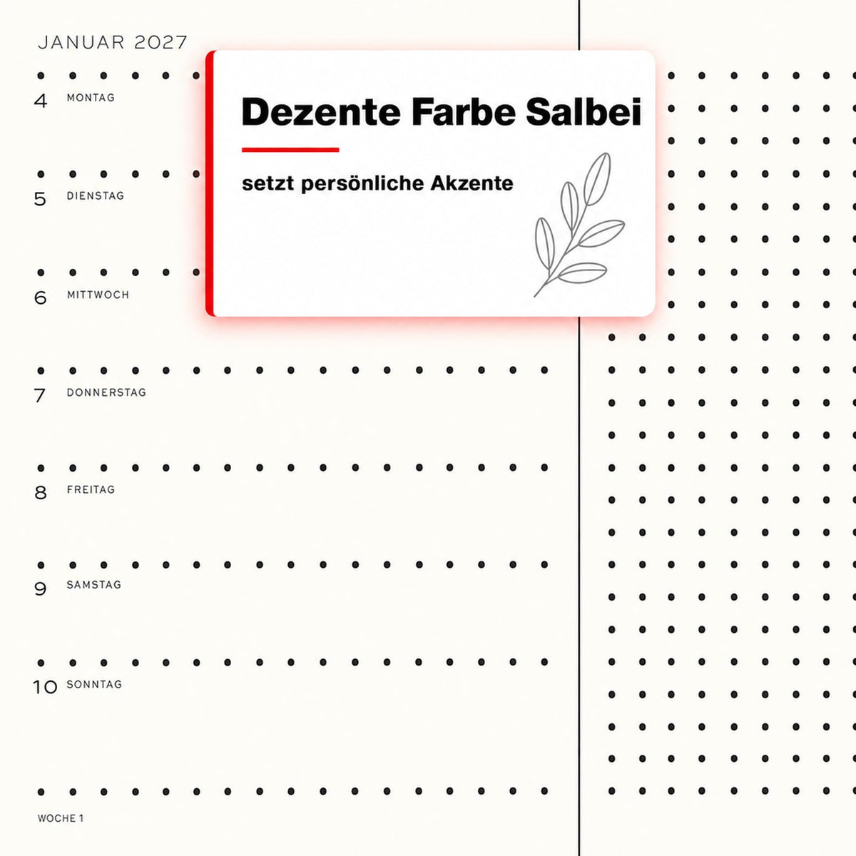 LEUCHTTURM1917 Calendar săptămânal 2027 punctat mediu (A5) cu caiet - Planificator de întâlniri germană, salvie, ianuarie-decembrie 2027, prezentare generală săptămânală în stânga + pagină cu note în dreapta - 400094