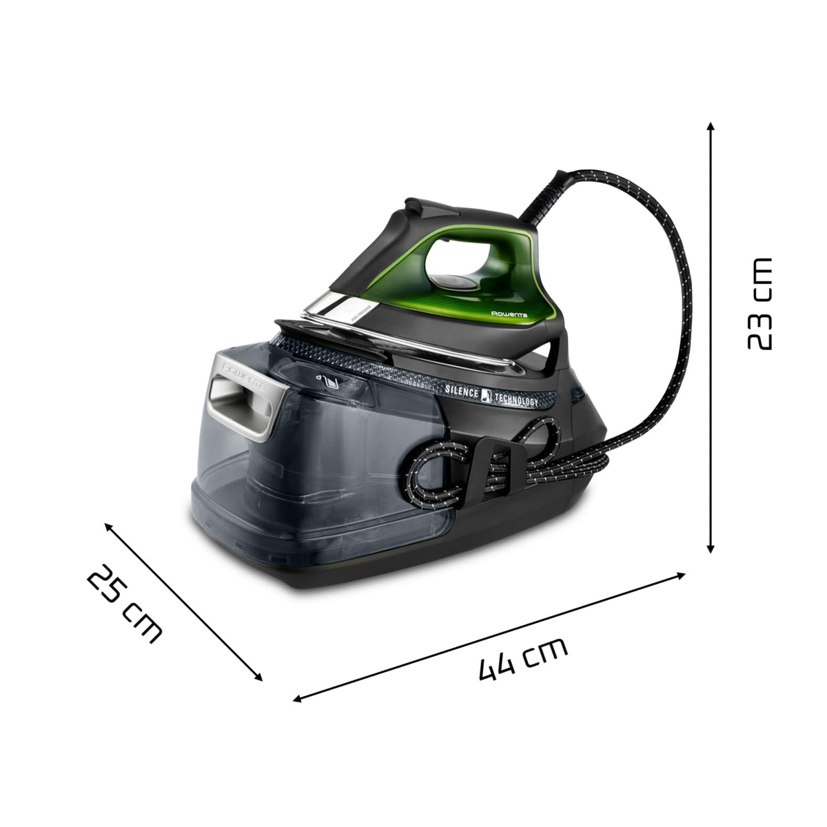 Rowenta Silence Steam Pro Stație de călcat cu abur, 2800 W, cantitate de abur continuu 150 g/min, impuls de abur extra 620 g/min, funcție Eco, rezervor de apă detașabil de 1300 ml, Negru/Verde, DG9248 - DG9248F0