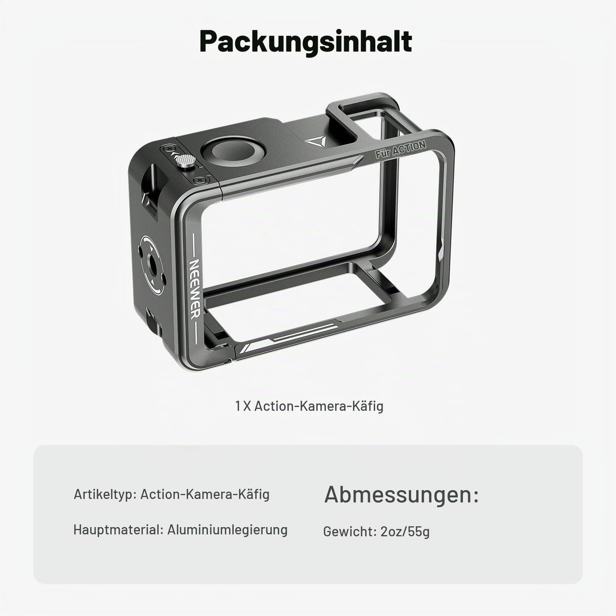 NEEWER Käfig für Action 5 Pro 4 3, schützendes Video Rig aus Metall mit Cold Shoe, 1/4" Gewinde, Auslöser, kompatibel mit DJI Osmo Action 5 Pro, Action 4 3, DJI Mikrofon Magnetadapterhalterung, AC014 - 10105362