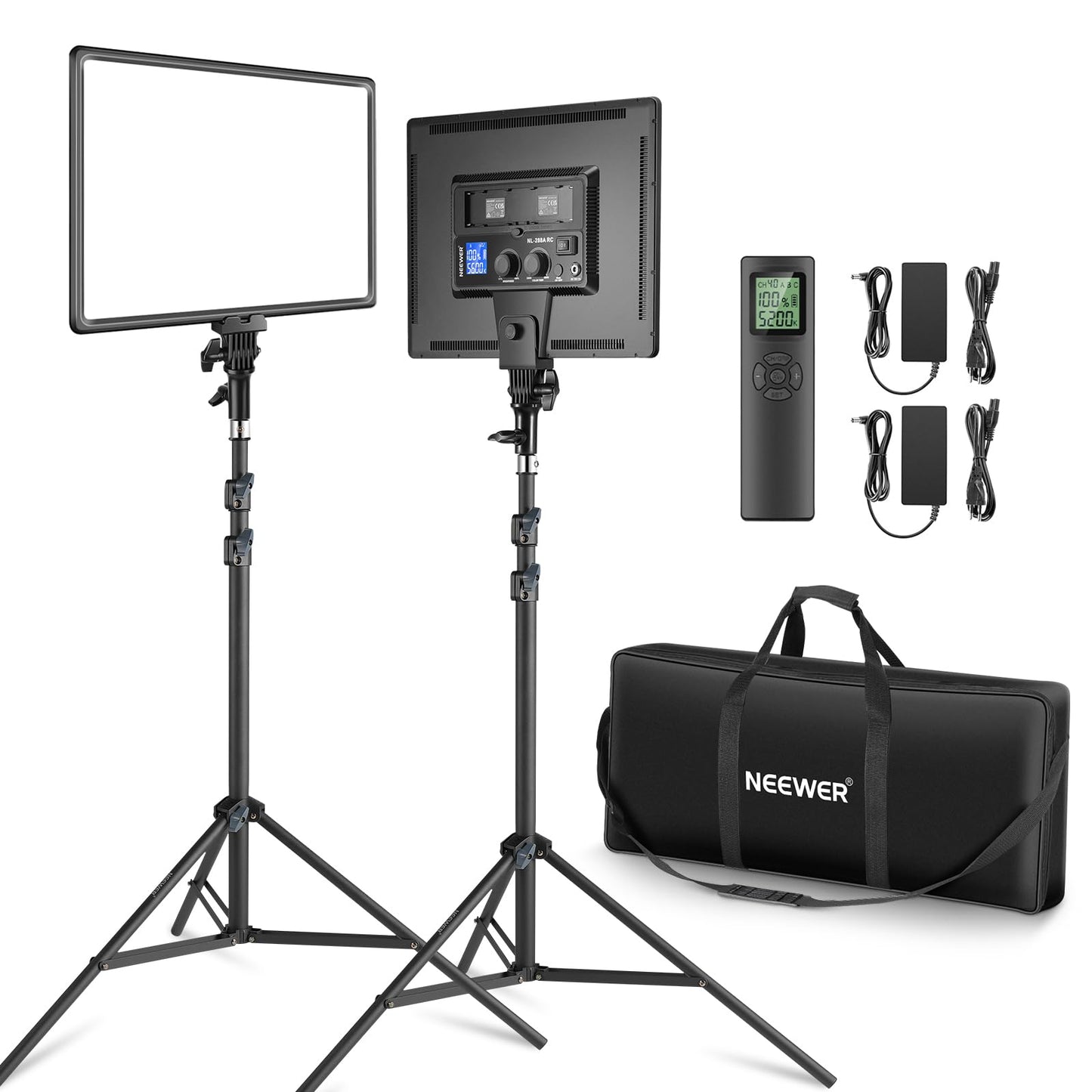 NEEWER 18" LED video light panel set, streaming light with 2 pieces 45W dimmable two-tone, with remote control & light stand, 3200K-5600K soft video light CRI 97+ 4800Lux for YouTube camera photography - 10100659