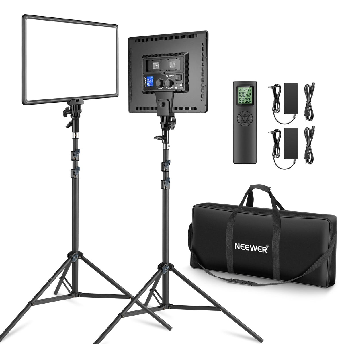 Set panou de lumină video LED NEEWER de 18 inchi, lumină în flux cu 2 piese 45 W reglabil în două tonuri, cu telecomandă și suport pentru lumină, lumină video moale 3200K-5600K CRI 97+ 4800Lux pentru fotografia cu camera YouTube - 10100659