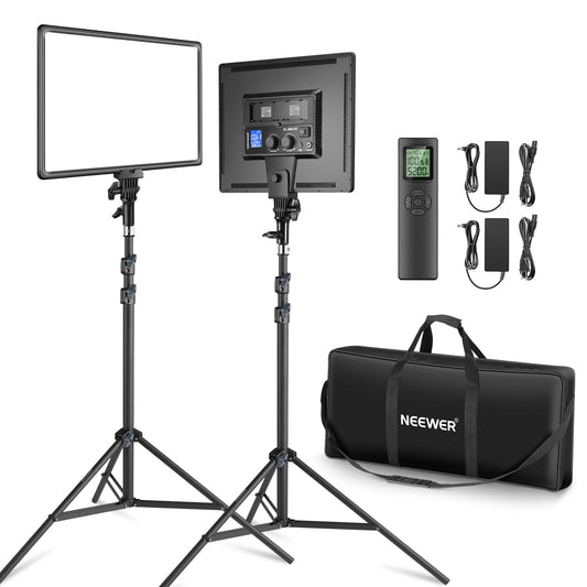 NEEWER 18" LED video light panel set, streaming light with 2 pieces 45W dimmable two-tone, with remote control & light stand, 3200K-5600K soft video light CRI 97+ 4800Lux for YouTube camera photography - 10100659