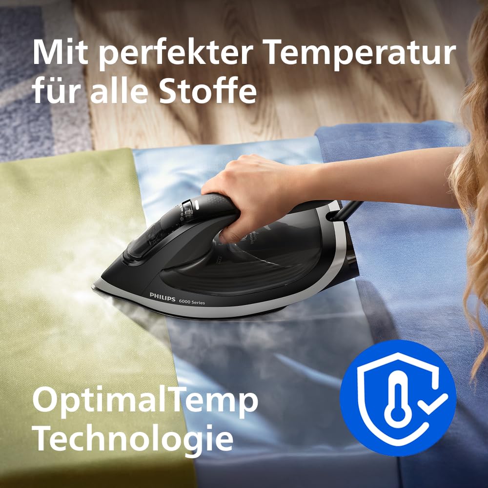 Philips 6000 Series steam iron - guaranteed without burn marks thanks to OptimalTEMP, 190g steam boost, 45g continuous steam, SteamGlide Plus soleplate, drip stop, automatic switch-off (DST6120/80)