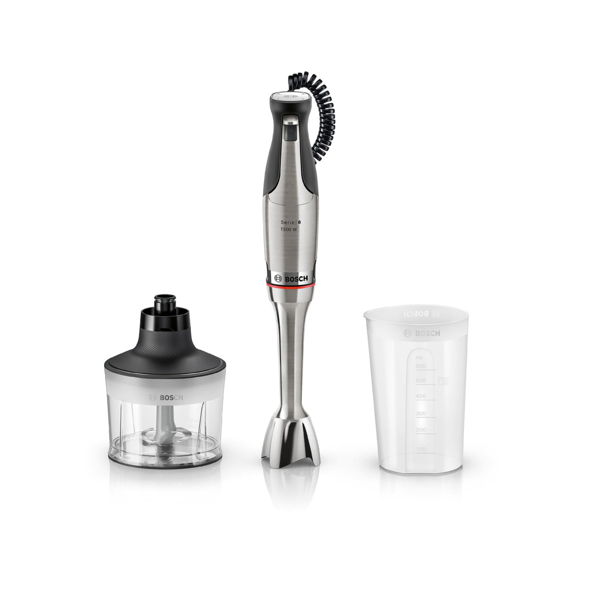 Bosch Hand Blender, Mixing Cup, Universal Chopper, Stainless Steel Blades, Dishwasher Safe, Spiral Cable, 1500 Watts, ErgoMaster Series 8 MSM8M930