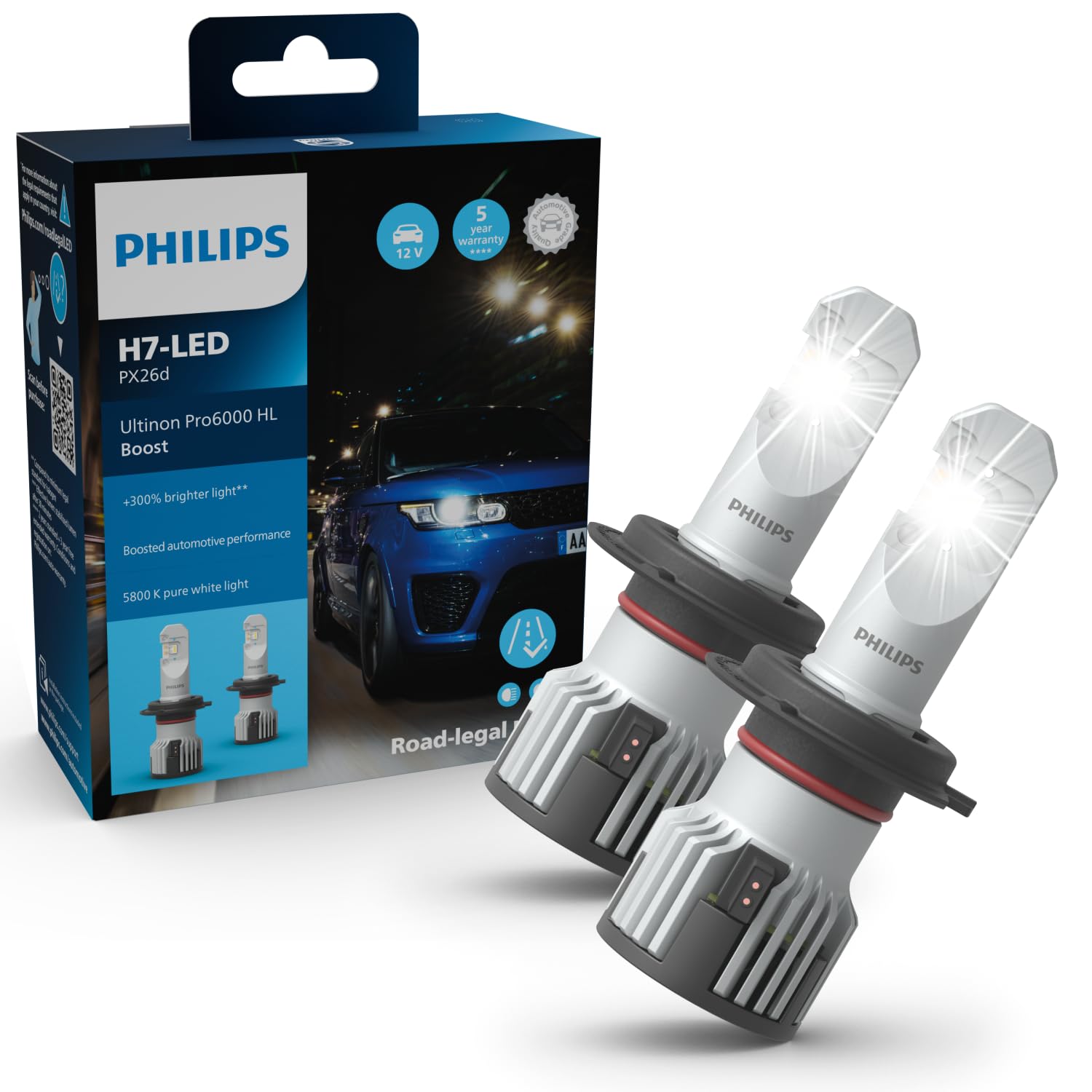 Philips Ultinon Pro6000 Boost H7-LED headlight bulb with street approval*, 300% brighter light**, silver - 2563031