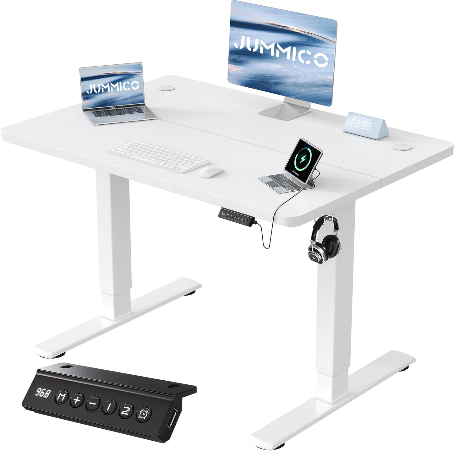 JUMMICO Birou reglabil pe înălțime cu port de încărcare USB, birou electric reglabil pe înălțime 80 x 60 cm, masă stand-sit, birou standing, masă de calculator reglabilă, birou standing, alb - 0403