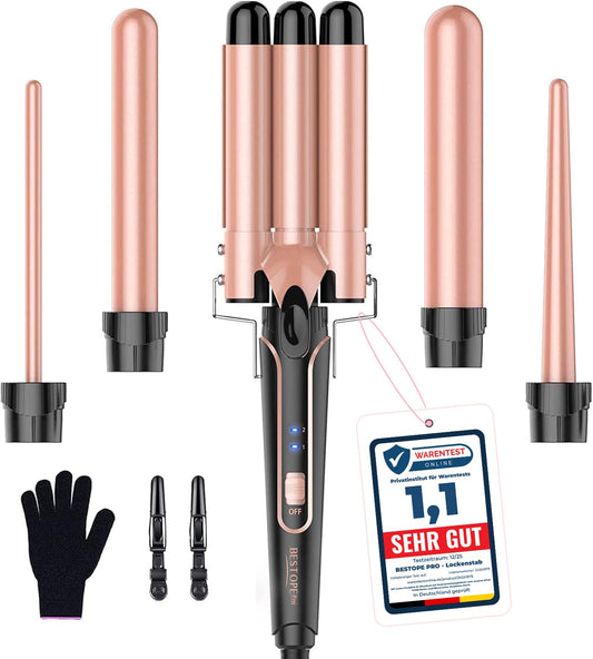 BESTOPE PRO curling iron curling iron 3 barrels wave iron 5 in 1 - curling iron set 3 barrels for large waves, temperature setting, quick heating and a glove, 2 clips, rose gold - MD-J18
