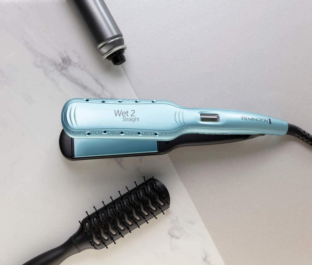 Remington Wide Flat Iron Wet2Straight (for wet and dry use - for drying and straightening hair, heat-activated anti-frizz micro-ingredients), LCD display, 140-230°C, Hair Straightener S7350, Turquoise - 45662560100
