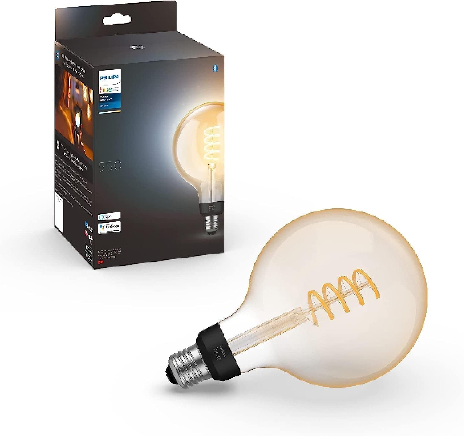 Philips Hue White E27 Filament Large Globe Lamp, G125 550lm, warm white light, dimmable, controllable via app, compatible with Amazon Alexa (Echo, Echo Dot), pack of 1 - 929003052101