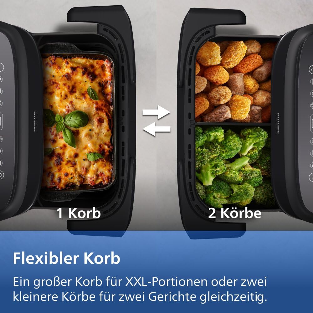 Philips Airfryer 1000 Series Flexible Basket - Hot air fryer with 7.1 L capacity, RapidAir technology, 10 cooking functions, 90% less fat, compact design, HomeID recipe app (NA154/00)