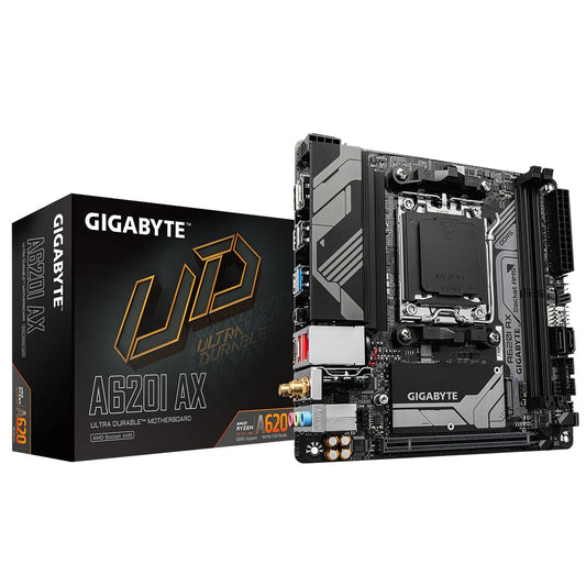 Placa de bază GIGABYTE A620I AX - Suportă procesoare AMD Ryzen 8000, VRM digital cu 5+2+1 faze, până la 6400MHz DDR5 (OC), 1xPCIe 4.0 M.2, Wi-Fi 6E, LAN 2.5GbE, USB 3.2 Gen 2