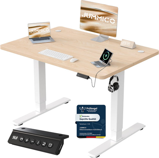 JUMMICO Birou reglabil pe înălțime cu port de încărcare USB, birou reglabil pe înălțime electric 100 x 60 cm, masă stand-sit, birou standing, masă reglabilă pentru computer, birou standing, bej - 0403