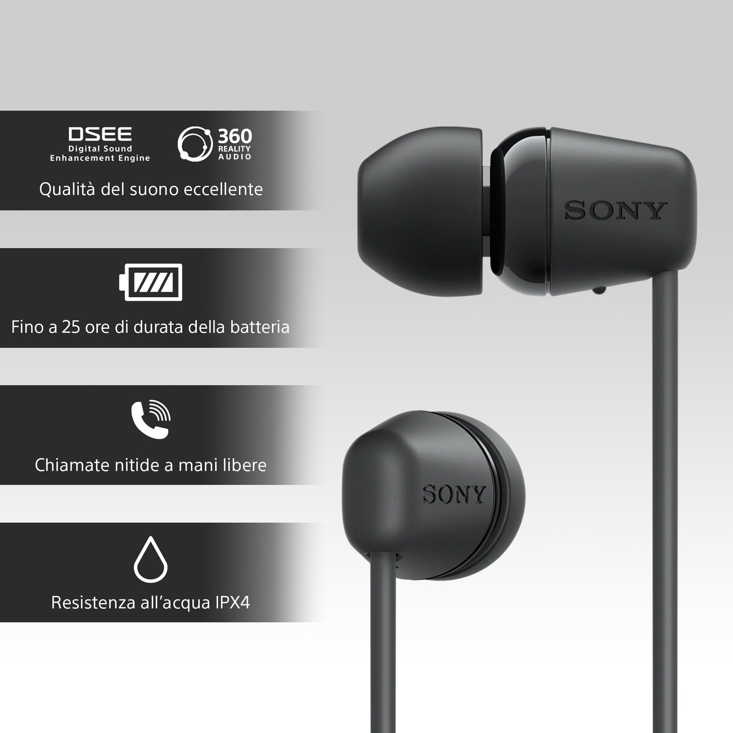 Sony wireless WI-C100 in-ear headphones (up to 25 hours of battery life, optimized for voice assistants, integrated microphone for phone calls, Bluetooth), black, small - WIC100BCE7