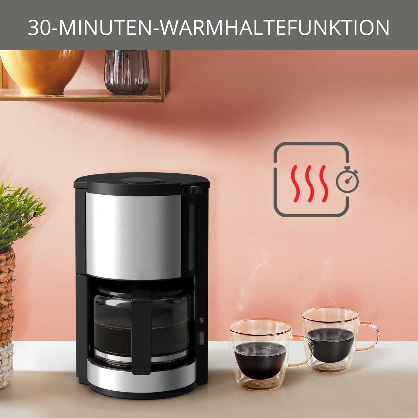 Krups KM3210 Pro Aroma Plus filter coffee machine, 10 cups, 1.25 L, 30-minute keep-warm function, visible water level window, drip stop system, black with stainless steel applications