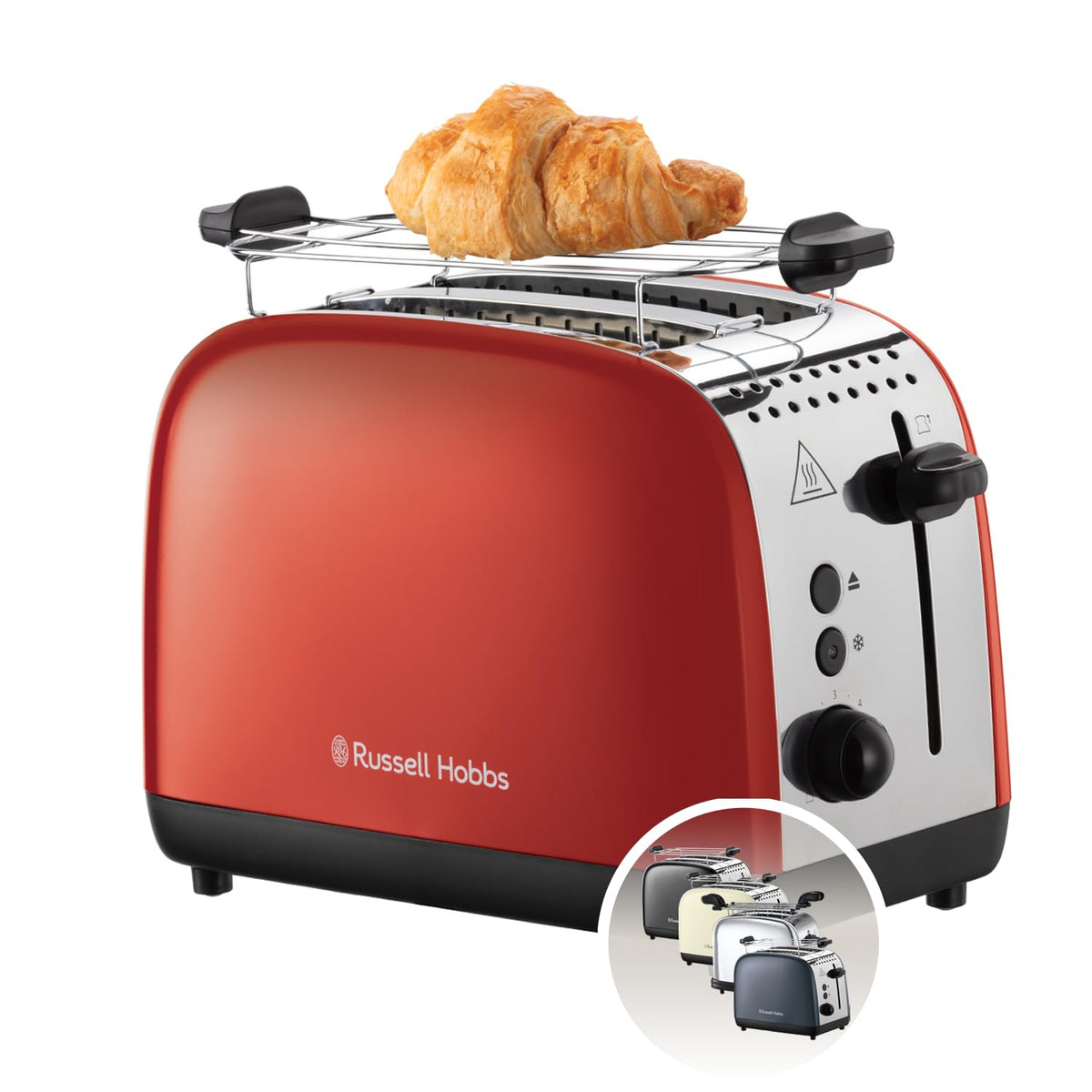 Russell Hobbs Toaster [for 2 slices] Colours Plus Stainless Steel Red (extra wide toasting slots, includes bun warmer, 6 browning levels + defrost function, Lift & Look feature, 1600W) 26554-56