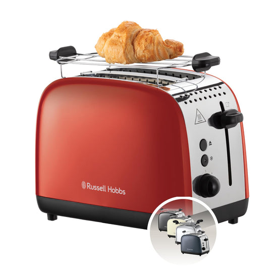 Russell Hobbs Toaster [for 2 slices] Colours Plus Stainless Steel Red (extra wide toasting slots, includes bun warmer, 6 browning levels + defrost function, Lift & Look feature, 1600W) 26554-56