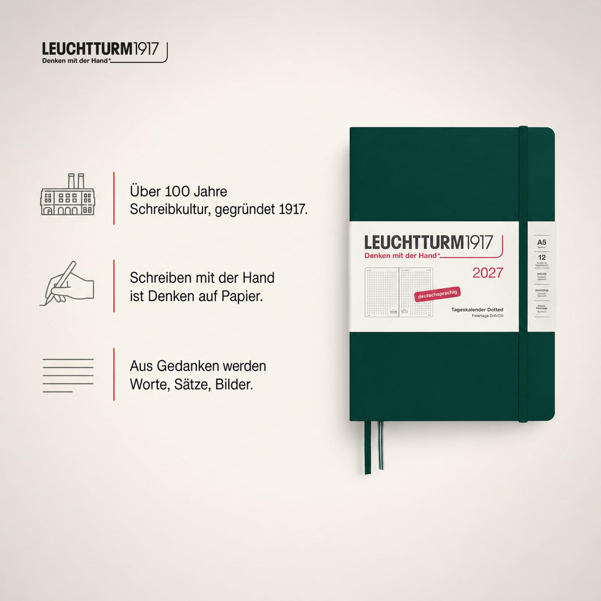 LEUCHTTURM1917 Daily Calendar 2027 Dotted Medium (A5) - German, Forest Green, 145 x 210 mm, January-December (12 months), 1 page per day, hourly grid 7:00-22:00, hardcover, 80 g/m² paper - 400169