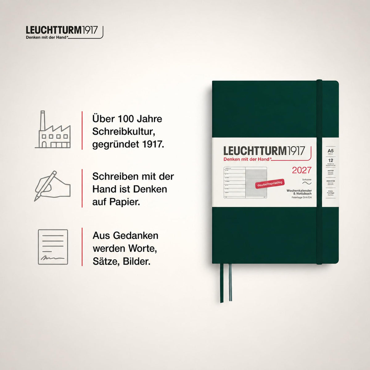 LEUCHTTURM1917 Weekly Calendar 2027 Medium (A5) with Notebook - German Appointment Planner, Forest Green, Softcover, January-December 2027, Weekly Overview on the Left + Notes Page on the Right - 400073