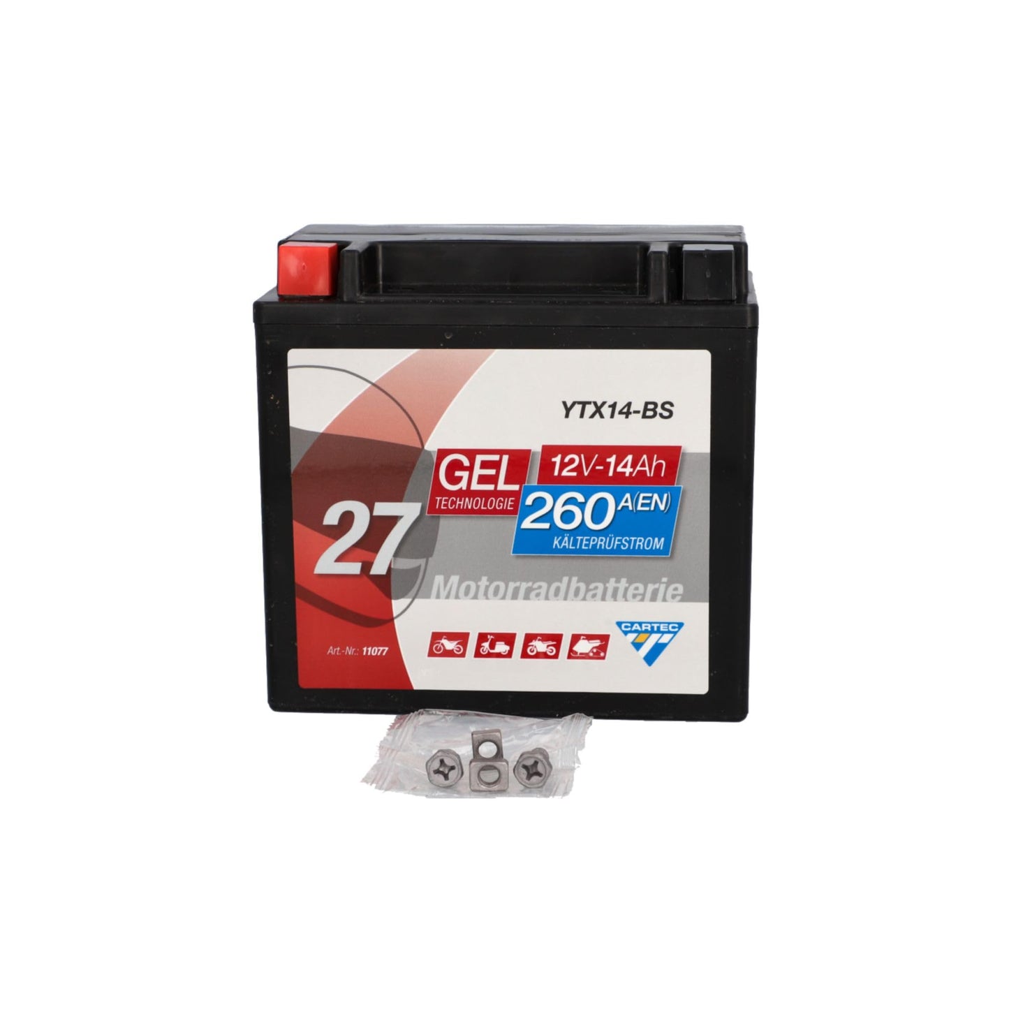 CARTEC motorcycle battery YTX14-BS, 14Ah, 260A, gel technology motorcycle starter battery, original equipment manufacturer quality, cycle-proof, storable, maintenance-free, black - 11077