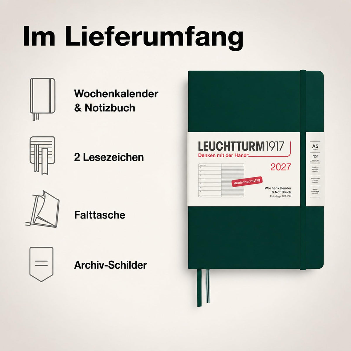 LEUCHTTURM1917 Calendar săptămânal 2027 Mediu (A5) cu caiet - Planificator de întâlniri german, verde pădure, ianuarie-decembrie 2027, Prezentare generală săptămânală în stânga + Pagina de note în dreapta - 400054