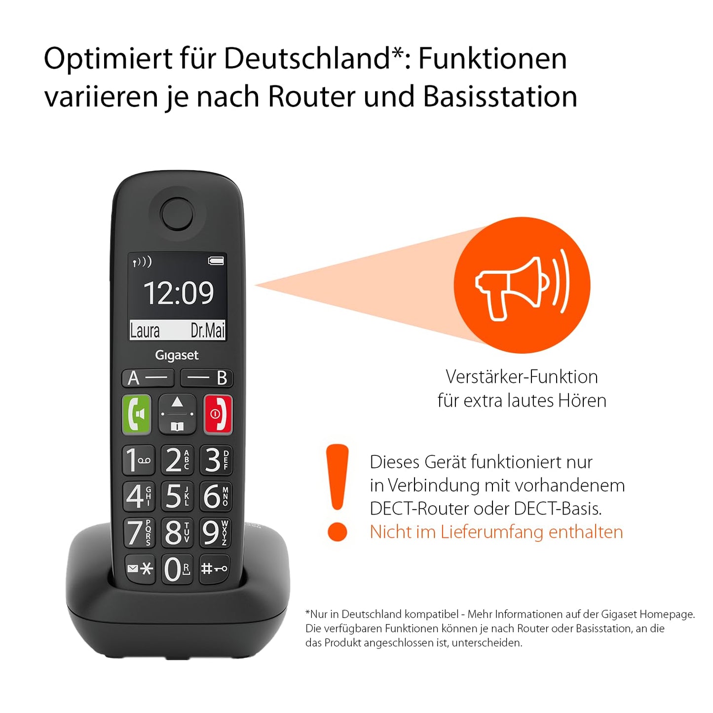 Gigaset E290HX - DECT handset with charging cradle - Fritzbox compatible - cordless senior telephone for router and DECT base - large display and buttons, black [German version] [Without base]