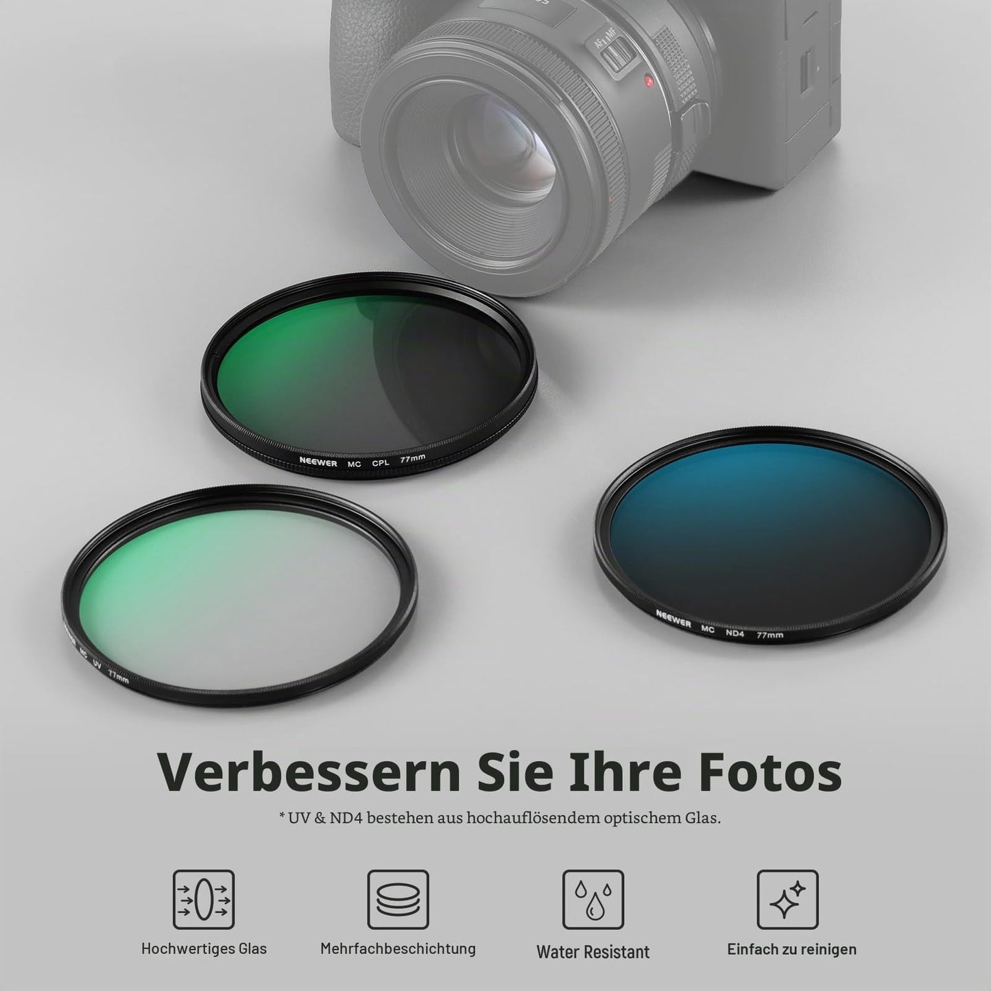 NEEWER 77mm UV/CPL/ND lens filter set with hard case, coated optical glass accessories & aluminum frame ultraviolet filter + circular polarization filter (CPL) + neutral density (ND4) filter - NW