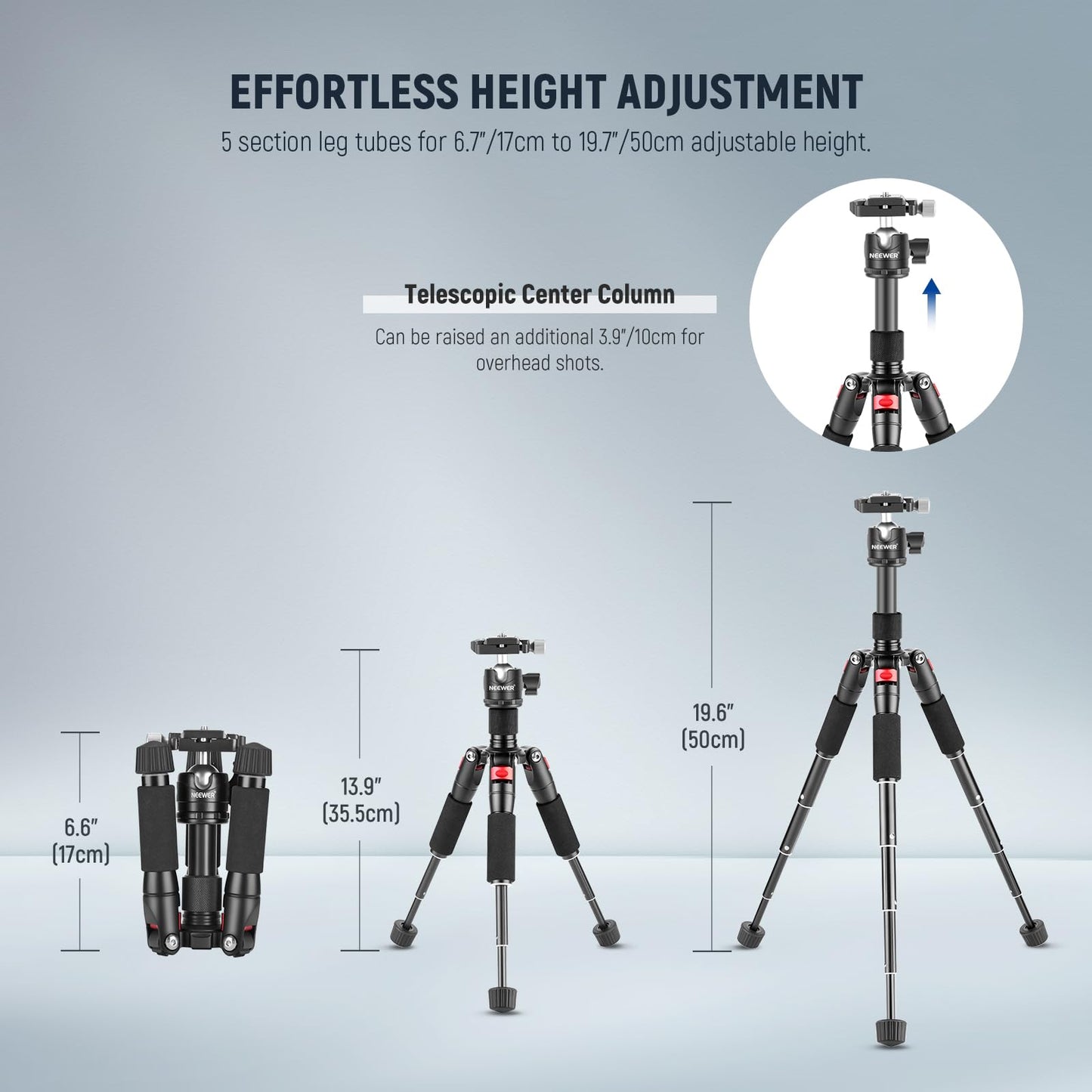 NEEWER Mini table tripod with smartphone holder compatible with iPhone & DSLR cameras for video recordings, 50cm compact travel webcam tripod with 360° ball head & 1/4" quick release plate, TP-AAM521