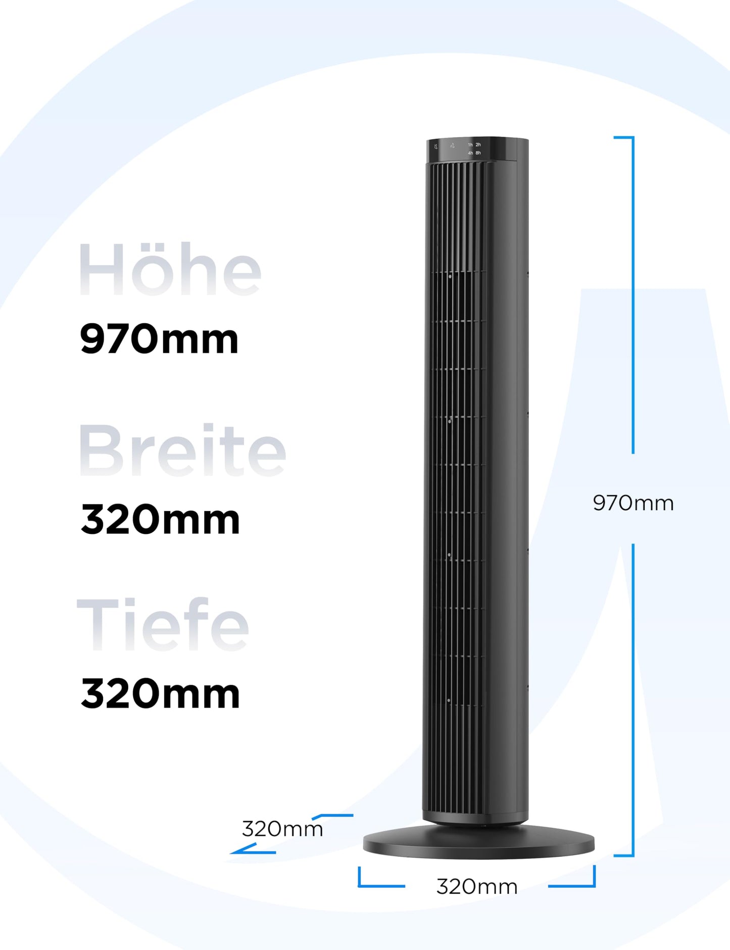 Midea tower fan with remote control FZ10-26MR(BL), 97 cm, 33 dB quiet, 90° oscillation, 15H timer, LED display, 4 speeds & 4 modes, for bedroom & office, black