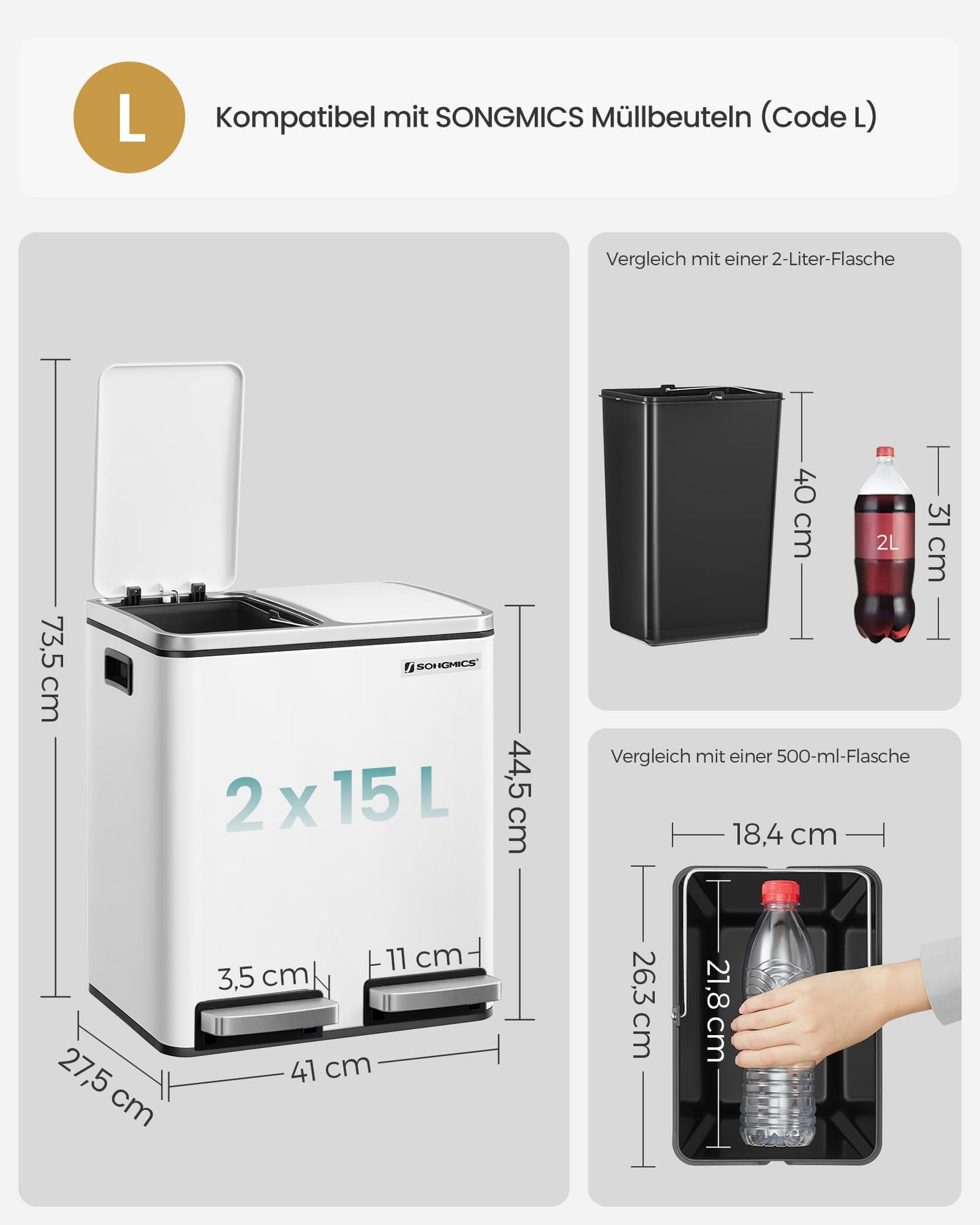SONGMICS kitchen trash can, 2 x 15 liters, waste separation system 2 compartments, including 15 trash bags, trash can, pedal bin, recyclable waste, organic waste, soft close lid, cloud white LTB30WT