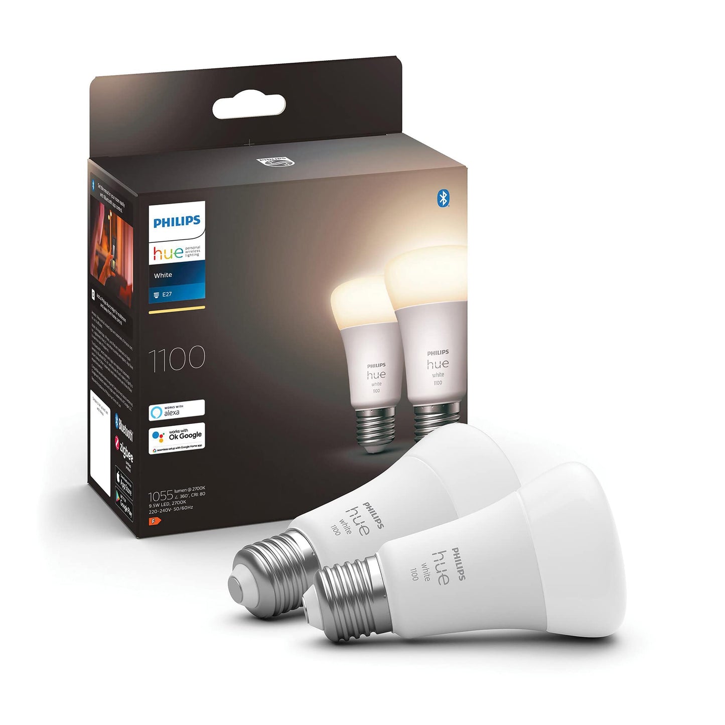 Philips Hue White E27 LED light bulb, 1100lm, warm white, dimmable, controllable via app, compatible with Amazon Alexa (Echo, Echo Dot), pack of 2, old generation - 9290024692
