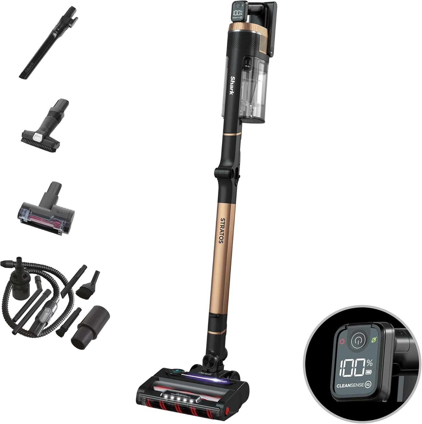 Shark Stratos cordless vacuum cleaner, free-standing, up to 60 minutes running time, cordless, bagless, for pet hair, allergy sufferers, carpet and hard floors, with car kit and articulated tube, grey/rose gold, IZ400EUTBK