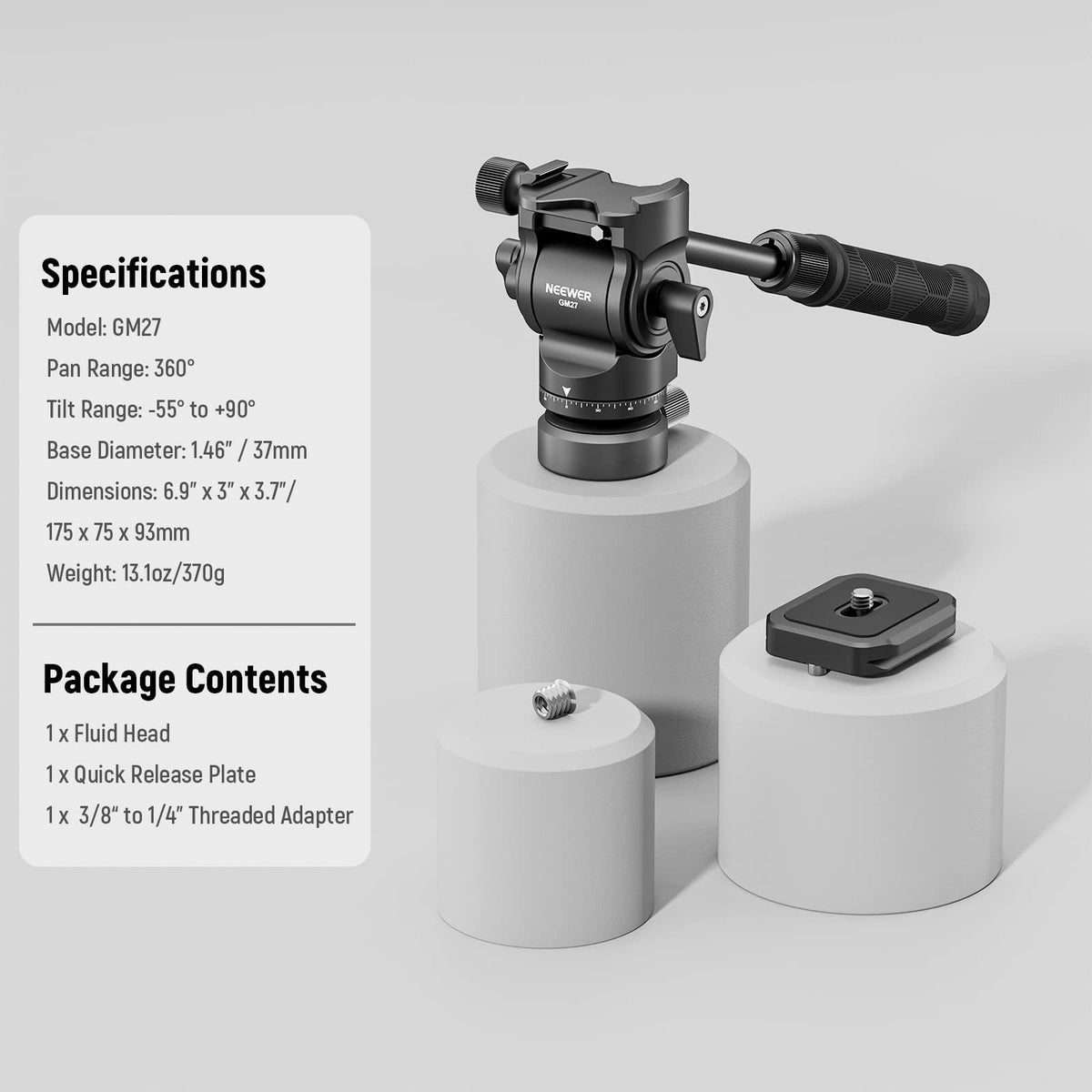 NEEWER Fluid Head Tripod with +/-10° Leveling Base (⌀37mm), Metal, GM27