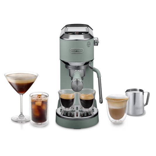 De'Longhi Dedica Duo - Perfetto compact portafilter machine espresso machine with soft-touch icons, manual milk frother for espresso, cappuccino and cold brew, 15cm wide, green (EC890.GR)