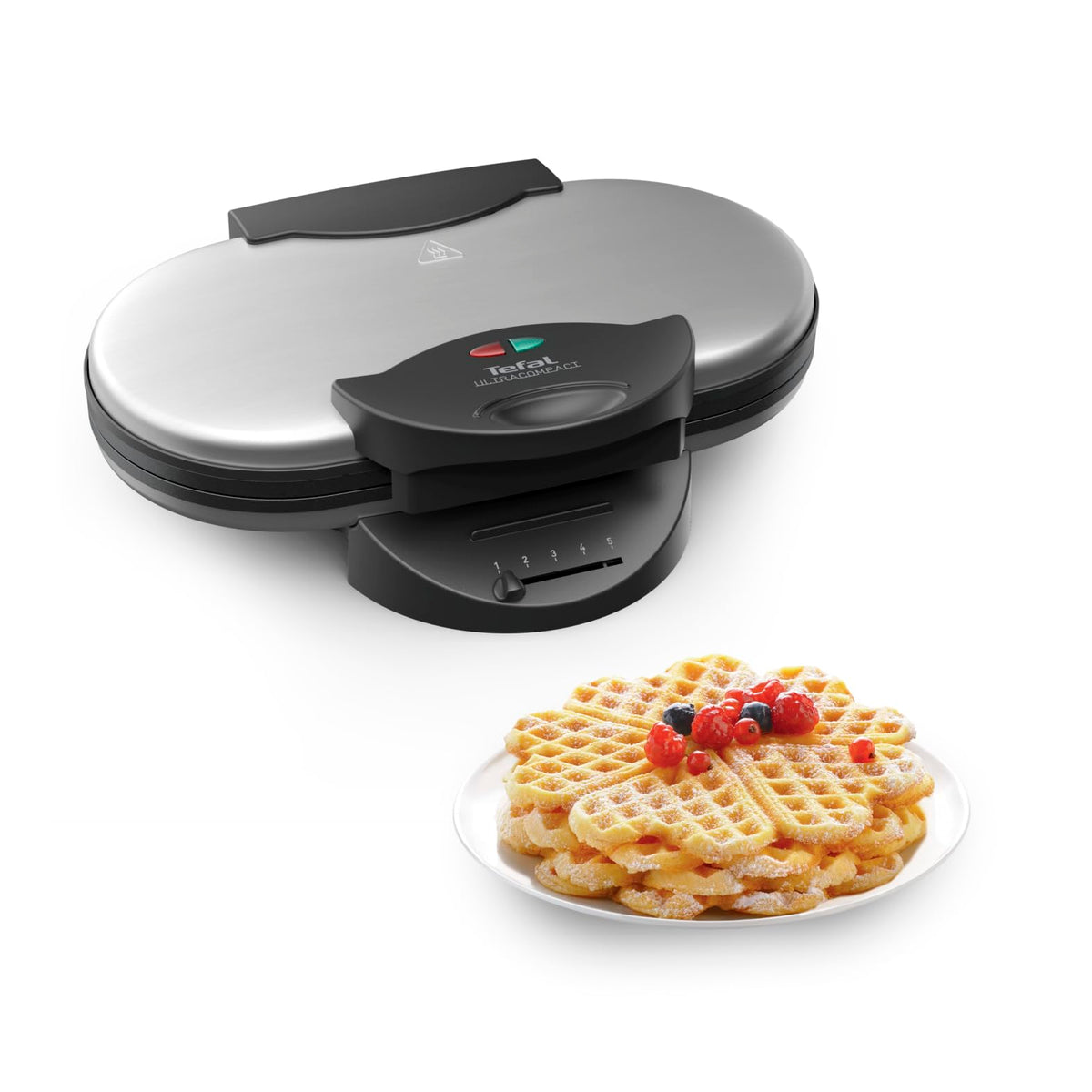 Tefal Double Heart Waffle Maker WM311D, infinitely adjustable temperature control for desired browning, non-stick plates, batter-catching device, 1200W, 37 x 11.4 x 28.5 cm